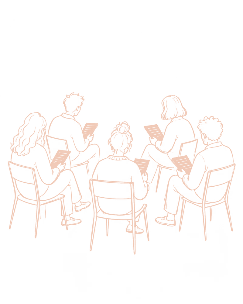 Dibujo a línea de un grupo pequeño de personas sentadas en corro, cada una leyendo unas hojas